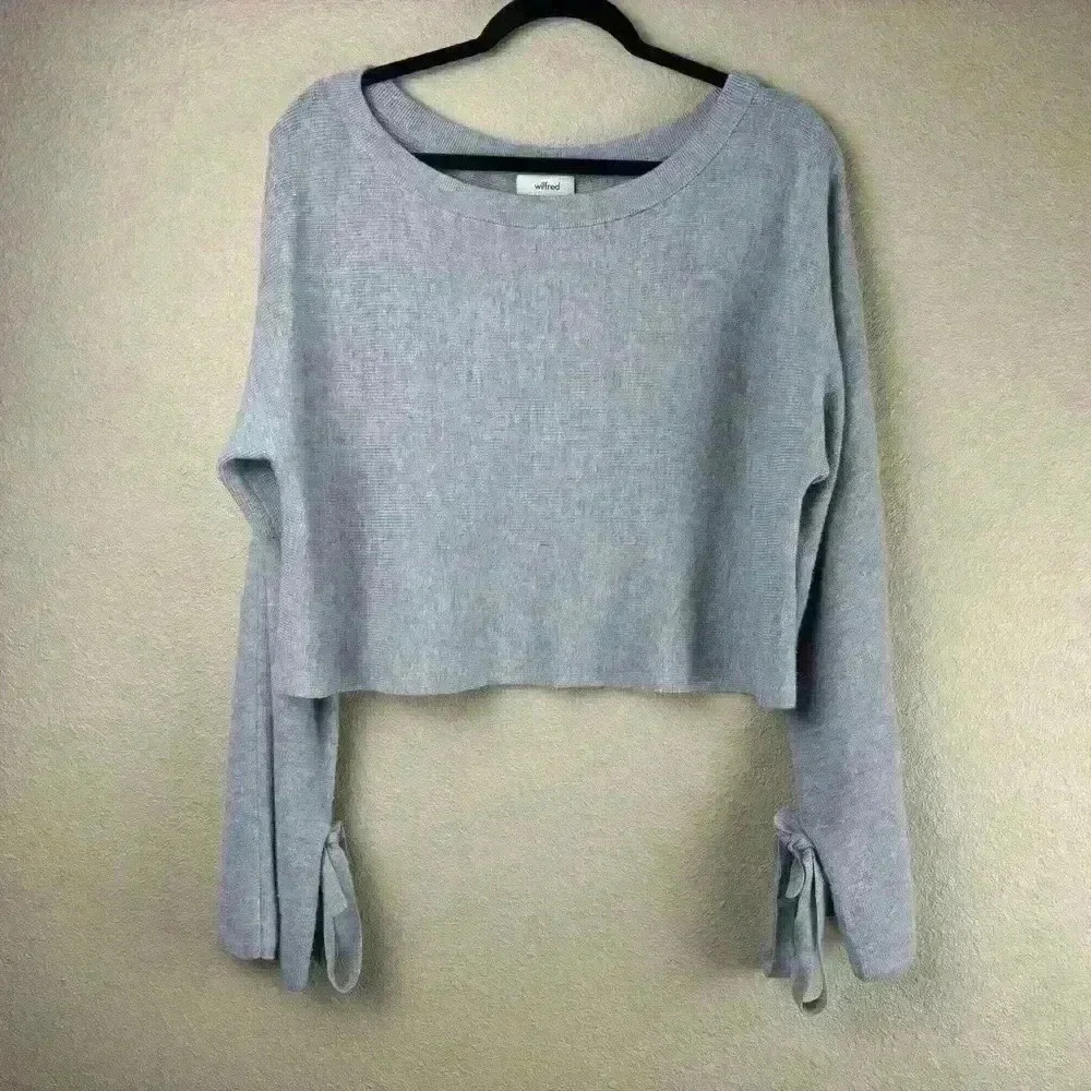 Aritzia Wilfred 100% Merino Wool Emmy Crop Gray Tie Sleeve Scoop Neck Sweater